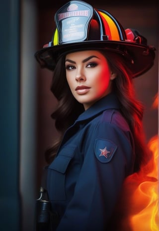 /imagine prompt: Subject: A fearless  woman firefighter Purpose: Portrait Mood: Curious Style: ((vibrants colors)) Background: Fire station Create striking and mysterious portraits in simple vibrants colors compositions. Play with shadows and highlights to capture the essence of the subject. Use the ancient library as a minimalistic background to emphasize the raw emotions and the depth of knowledge of the work