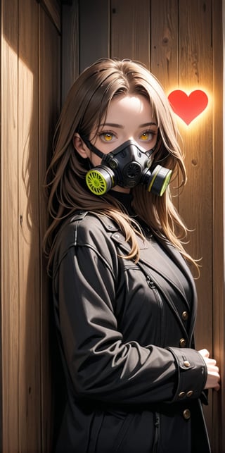 mature female, expressionless, bar, leaning against wall, interior, wooden interior, 1girl, brown hair, shoulder-length hair, yellow eyes, respirator, black jacket, glowing heart