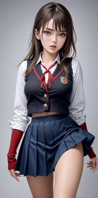 beautiful Japanese woman in a cosplay Japanese high school uniform with long socks, (medium breast), beautiful legs, shot on a Sony a7III by Richard Avedon, petite, emotive expressions, i can't believe how beautiful this is, hyper-realistic