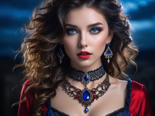 The Beauty, full body potrait of a photorealistic beautiful brunette seductress, long curly hair, dark sky, gloomy, exotic black and red victorian dress, choker style colar, blue color eyes, detailed face, cyperpunk, full body, magic fantasy, wow effect, rubens style, Miki Asai Macro photography, close-up, hyper detailed, trending on artstation, sharp focus, studio photo, intricate details, highly detailed, by greg rutkowski, Miki Asai Macro photography, close-up, hyper detailed, trending on artstation, sharp focus, studio photo, intricate details, highly detailed, by greg rutkowski
,SDXL,Realistic,woman