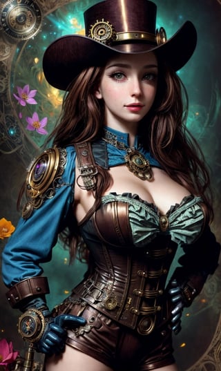 (masterpiece), (realistic), (best quality), (ultra-detailed), amazing, ((woman)), brunette hair, long hair,(((medium breasts))), slender weist, longing face, beautiful eyes, jewel in the sparkle galaxy, absurdres, highres, ultra detailed, (1girl:1.3), steampunk Necromancer attire, psychedelic, fractal patterns, geometric figures, dynamic, bright colors, (flowers, petals), steampunk_costume, corset, hat, SteampunkAI
