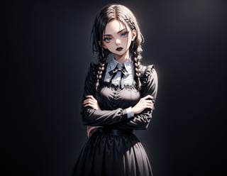 1girl, solo, black lips, black hair, dress, black dress, black nails, black eyes, crossed arms, black background, braid, black theme, looking at viewer, simple background, long sleeves, twin braids, bangs, long hair, dark-skinned female, collared dress, cowboy shot, dark skin, nail polish, Wednesday addams \(character \), character \(theme\)