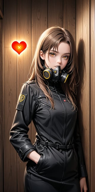 mature female, expressionless, bar, leaning against wall, interior, wooden interior, 1girl, brown hair, shoulder-length hair, yellow eyes, respirator, black jacket, glowing heart