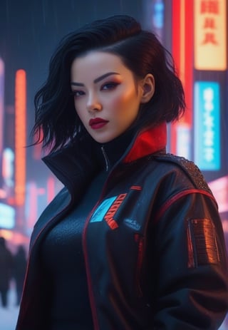 (masterpiece, high quality, realistic), cyberpunk woman, (black hair), wearing (black-red jacket), (nostalgic expression), (snowy cyberpunk city setting), (vivid neon lights), (detailed lighting contrast), (screens in background lighting), great attention to detail, (up close shot), (octane rendering), 8K resolution.