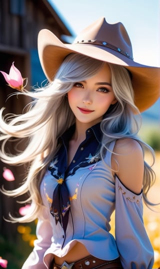 1 girl, scenery, vibrant colors, sharp focus, best quality, depth of field, cinematic lighting, flying petals in the wind, (silver eyes), silver hair, extremely long hair, slight blush, slight smile, (glowing:1.5), cowgirl outfit, cowboy hat, barn,

,detailmaster2