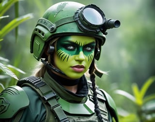 close up, Petty officer war girl wearing green war paint with weapon drawn, moving through the bush in an alien planet. High resolution close up