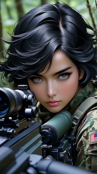 (masterpiece),(Highest quality),(High resolution),(Very detailed),One Woman,Japanese,Black Hair,Short Bob,Beautiful Eyes,Long eyelashes,Beautiful Hair,Beautiful Skin,whole body,BREAK(((aim at something with a sniper rifle))),((Close one eye and look through the scope))(Lying down),((Sniper Rifle)),Army Camouflage Uniform,Bulletproof vest, Combat Boots, Tactical Forster,Tactical Headset,(The background is a dense forest),(((Background Blur)))