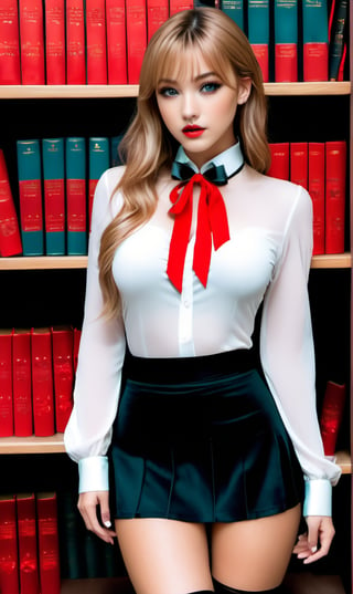  hmmarnie, aqua eyes, black choker, red ribbon, jewelry, open clothes, wear lingerie,legs, on a library, miniskirt