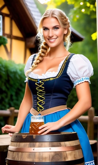 Create a professionsl photo of a traditional German woman, dressed in a Dirndl, standing in front of a wooden barrel in a cozy Bavarian beer garden, surrounded by lush greenery and towering trees. She should be holding a large stein of foamy beer in one hand and a pretzel in the other, with a cheerful and friendly expression on her face.
The woman should have a robust build, with long blonde hair braided into a bun and adorned with a traditional Bavarian hat, and a blue and white Dirndl that is embroidered with traditional German symbols. She should be standing in a classic Bavarian beer garden, with wooden tables and benches scattered around, and a few barrels and kegs in the background.
In the background, there should be a few traditional German buildings, such as a Fachwerkhaus (a timber-framed house) and a church steeple, giving the scene a quintessential Bavarian feel