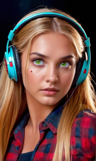 1girl, (masterpiece), best quality, expressive eyes, perfect face, long blonde hair, green eyes, brown eyebrows, moles under eye, ((headphones on the girl's head)), clothes: 0.7, ((horror)), ((blood)), ((blood on the face)), the world of illusions, details:1.5, darkener: 1.5, upper body, ((Halloween)), ((gold))