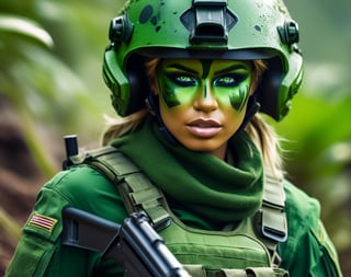 close up, Petty officer war girl wearing green war paint with weapon drawn, moving through the bush in an alien planet. High resolution close up