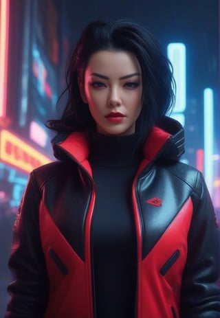 (masterpiece, high quality, realistic), cyberpunk woman, (black hair), wearing (black-red jacket), (nostalgic expression), (snowy cyberpunk city setting), (vivid neon lights), (detailed lighting contrast), (screens in background lighting), great attention to detail, (up close shot), (octane rendering), 8K resolution.