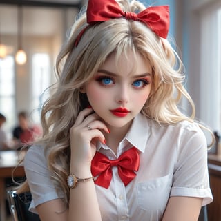 1girl, solo, long hair, looking at viewer, blue eyes, blonde hair, shirt, bow, jewelry, closed mouth, white shirt, upper body, short sleeves, hair bow, indoors, nail polish, blurry, red bow, lips, eyelashes, tattoo, makeup, blurry background, ring, red nails, watch, head rest, wristwatch, hands on own face, reference inset, photo inset