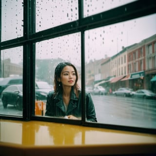  wide angle polaroid photo of a asian woman inside a cafe through a window. many raindrops on the window and very strong reflections on the window. she look far outside blankly. calm nostalgic atmosphere. film grain. kodak portra 800 film.