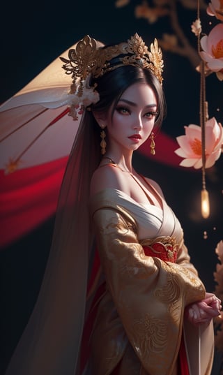 Ultra-HD 32k ultra-high resolution ultra-high definition, perfectly composed crisp sharp award-winning embossed close up model caucasian geisha by WLOP greg rutkowski, craola, cute flying ghosts, otherworldly, scary, horror, wonderland, mystical, creepy, fantasy, red fire moon, dark water, water drops, waters splash, lotus flowers, tree branches, complex background, dynamic lighting, lights, digital painting, intricated pose, highly detailed, cute, filigree, intricated
