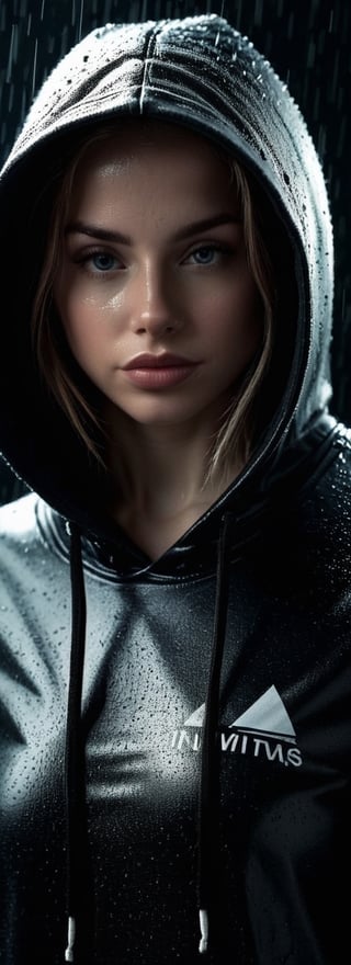 A girl in a hoodie on a rainy night, rim light from moon light, ominous weather and atmosphere, captivating, minimalistic, close up portrait, hoodie casts a shadow over face, mysterious, dark background, sophistication, silhouette, expressive, dynamic pose, ambiance, intrigue and suspense, illustration, digital art, hyperrealism