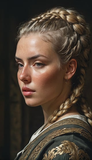 fantasy universe, A warrior woman, Blond hair braided in a braid, in an antique shirt, a stern look, photo, perfect composition, beautiful detailed intricate insanely detailed octane render trending on artstation, 8 k artistic photography, photorealistic concept art, soft natural volumetric cinematic perfect light, chiaroscuro, award - winning photograph, masterpiece, oil on canvas, raphael, caravaggio, greg rutkowski, beeple, beksinski, giger