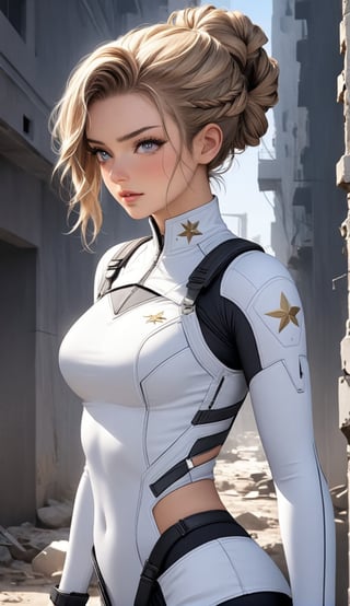 A soldier wearing a tight-fitting, form-accentuating uniform, stands in a war-torn setting with grit and determination in her eyes. (((( flat twists updo hair style white))) Her military gear is customized with strategic cuts and straps to create a unique look.