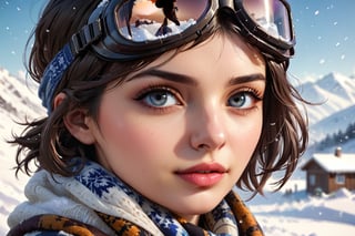 1girl, solo, looking at viewer, short hair, blue eyes, brown hair, black hair, parted lips, scarf, mole, blurry, lips, eyelashes, mole under eye, goggles, portrait, snow, goggles on head, realistic, nose