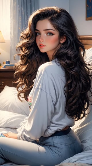 masterpiece, best quality, ultra-detailed, illustration, beautiful detailed eyes, 1girl, high school outfit, dark color hair, long wavy hair, lying on bed, thin belly, brushing, shy