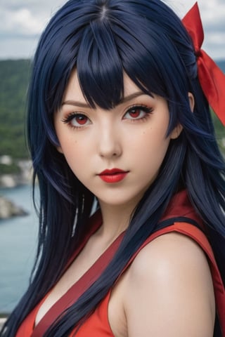 a close up of a person with long hair, hyuga hinata, hyuga hinata from naruto shippuden, from naruto shippuden, as an anime character, perfect anime face, she has dark blue hair with bangs, female anime character, anime character, anime best girl, hime cut hairstyle, dark blue hair, (red glossy lips:1.3), white eyes, byakugan eyes, smile, city background, (beautiful face:1.3)