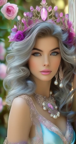 A graceful, elegant and sexy  game character, 2010s Decor style, with subtle makeup, Arcade 1990s Point And Click 16 Bit Adventure Game art by Mike Ploog, soft blue eyes, rosy pink lips, silky silver hair, delicate pearl accessories, a refined decoration, flowing wavy hairstyle, royal dynasty feature, shimmering amethyst fiber, a jeweled tiara, and graceful dark floral clothing