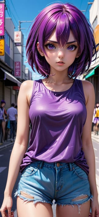 Disgruntled girl purple hair street girly clothes simple face, Strong and vibrant colors k,Extremely Realistic,(anime)