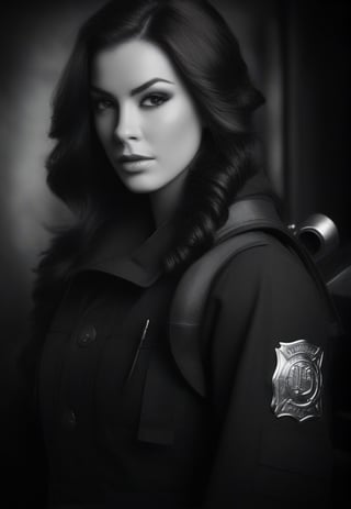 /imagine prompt: Subject: A fearless  woman firefighter Purpose: Portrait Mood: Curious Style: Black and white Background: Fire station Create striking and mysterious portraits in simple black and white compositions. Play with shadows and highlights to capture the essence of the subject. Use the ancient library as a minimalistic background to emphasize the raw emotions and the depth of knowledge of the wizard.