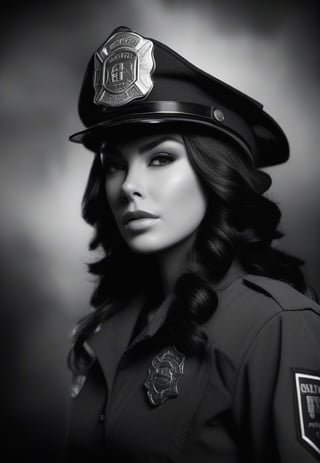 /imagine prompt: Subject: A fearless  woman firefighter Purpose: Portrait Mood: Curious Style: Black and white Background: Fire station Create striking and mysterious portraits in simple black and white compositions. Play with shadows and highlights to capture the essence of the subject. Use the ancient library as a minimalistic background to emphasize the raw emotions and the depth of knowledge of the wizard.