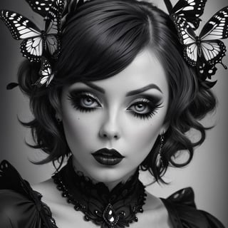 Create a hyper realistic monochrome photo of a goth woman from the hips up gazing in to the viewer soul. her mouth is covered by colourful butterfly while everything elese is in black and white, sentimental mood.,photoshop 