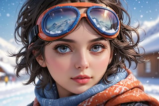 1girl, solo, looking at viewer, short hair, blue eyes, brown hair, black hair, parted lips, scarf, mole, blurry, lips, eyelashes, mole under eye, goggles, portrait, snow, goggles on head, realistic, nose