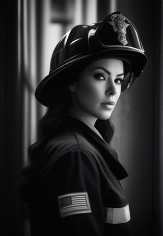 /imagine prompt: Subject: A fearless  woman firefighter Purpose: Portrait Mood: Curious Style: Black and white Background: Fire station Create striking and mysterious portraits in simple black and white compositions. Play with shadows and highlights to capture the essence of the subject. Use the ancient library as a minimalistic background to emphasize the raw emotions and the depth of knowledge of the wizard.