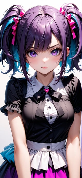 Disgruntled girl purple hair street girly clothes simple face, Strong and vibrant colors k