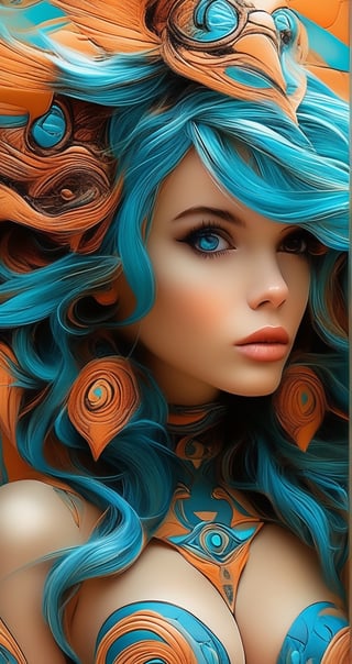 sexy girl solo breast alien with blue hair by theo el, in the style of balanced symmetry, light orange and cyan, detailed facial features, manticore, organic forms, muted tones, meticulous portraiture, complex patterns