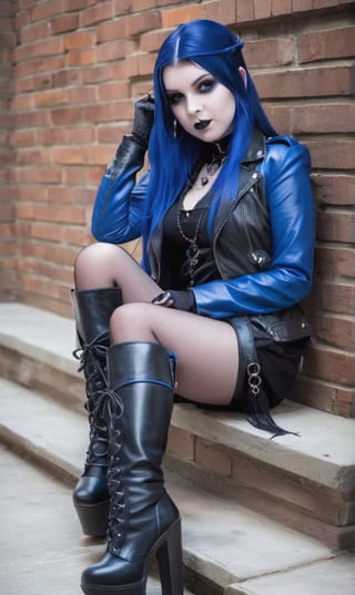 full body pose of a cute goth girl wearing blue leather. She is sitting down and crossing her legs. She is wearing knee-high leather boots.

