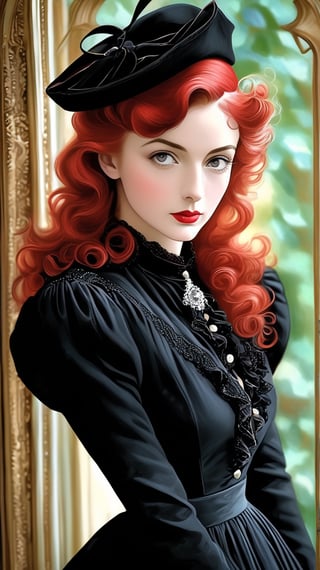 araffe dressed in a black dress and red hat poses for a picture, wearing black old dress and hat, wearing a french beret, dressed like in the 1940s, victorian style costume, french girl, with curly red hair, in a red victorian era dress, wearing black dress and hat, with victorian clothing, wearing a beret, victorian inspired clothing