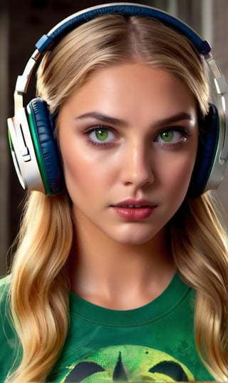 1girl, (masterpiece), best quality, expressive eyes, perfect face, long blonde hair, green eyes, brown eyebrows, moles under eye, ((headphones on the girl's head)), clothes: 0.7, ((horror)), ((blood)), ((blood on the face)), the world of illusions, details:1.5, darkener: 1.5, upper body, ((Halloween)), ((gold))