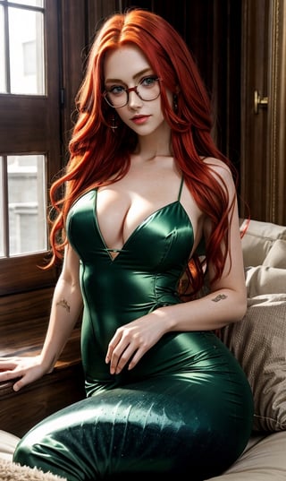 Long, red hair, green eyes Mermaid in glasses, in a glass ball, Mysterious
