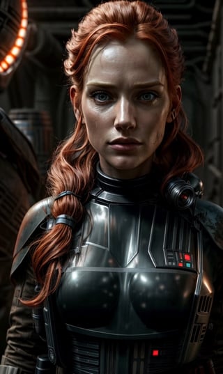 (Best Quality, hyper-realistic), photograph, (rugged ginger female) in her 30s, wearing (scifi star wars outfit), nature, moody, dark, diffused lighting, (explorer hacker), beautiful shadows, detailed, detailed background
