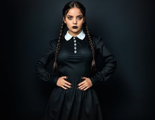 1girl, solo, black lips, black hair, dress, black dress, black nails, black eyes, crossed arms, black background, braid, black theme, looking at viewer, simple background, long sleeves, twin braids, bangs, long hair, dark-skinned female, collared dress, cowboy shot, dark skin, nail polish, Wednesday addams \(character \), character \(theme\)