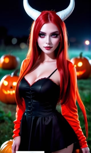 Demon girl they are with white horns , red hair, night , around the field and Halloween pumpkins, detailing 8k 