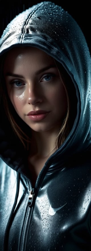 A girl in a hoodie on a rainy night, rim light from moon light, ominous weather and atmosphere, captivating, minimalistic, close up portrait, hoodie casts a shadow over face, mysterious, dark background, sophistication, silhouette, expressive, dynamic pose, ambiance, intrigue and suspense, illustration, digital art, hyperrealism