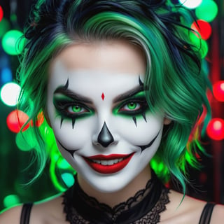 Best quality,Ultra-detailed,Realistic,Portrait,Artistic, Vibrant colors, Detailed facial features, Manic expression, Green hair, Red lipstick, Sinister smile, white face paint, eerie lights, Gothic background