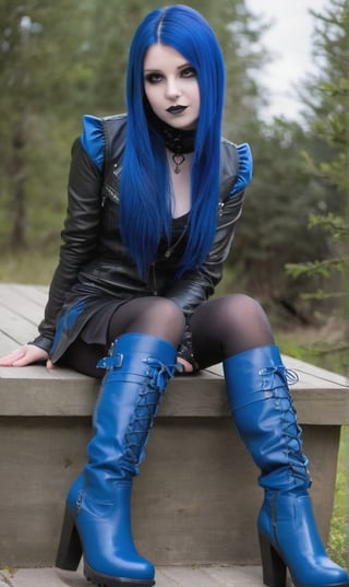 full body pose of a cute goth girl wearing blue leather. She is sitting down and crossing her legs. She is wearing knee-high leather boots.

