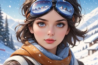 1girl, solo, looking at viewer, short hair, blue eyes, brown hair, black hair, parted lips, scarf, mole, blurry, lips, eyelashes, mole under eye, goggles, portrait, snow, goggles on head, realistic, nose