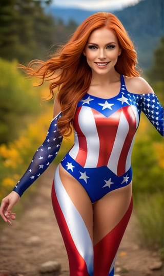 (((Ultra detailed, beautiful face, Megapixel))) A vivacious and patriotic young woman, with ((fiery, shoulder-length red hair)), exudes enthusiasm and energy as she traverses on her hands and feet, celebrating the USA with every move. Her eyes, a warm and inviting shade of ((hazel)), mirror the colors of autumn leaves. Her athletic and toned body, adorned with vibrant face paint resembling the USA flag, showcases her dedication to the country she loves. Dressed in a dynamic bodysuit, the fabric features an artistic rendition of the USA flag in a mosaic style, with intricate details and patterns that pay homage to the nation's history and culture. The bodysuit's flexible material allows her to move with ease and grace as she walks on her hands and feet. On her hands, she wears red, white, and blue wristbands, while her feet are adorned with matching anklets, symbolizing her unwavering commitment to the USA. In the background, the majestic landscapes of the United States create a breathtaking scene, capturing the essence of the country's beauty and diversity.,woman