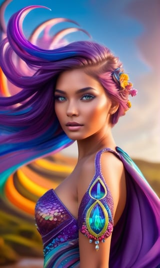 (((Ultra detailed, beautiful face, Megapixel))) Amidst a surreal and fantastical landscape, a vibrant young woman with colorful hair exudes an aura of adventure and wonder. Her ((shoulder-length, rainbow-hued hair)) captures the essence of her free spirit, reflecting a kaleidoscope of colors that seem to change with her every movement. Her eyes, a mesmerizing shade of ((bright amethyst purple)), sparkle with curiosity and excitement. With an hourglass figure, she wears an outfit that is a true masterpiece of creativity and imagination. Her clothes boast a riot of colors and patterns, blending harmoniously to create a stunning ensemble that celebrates her unique style. Adorned with swirling motifs and intricate embroidery, her attire seems to come alive as she moves. Surrounding her are monsterlike tentacles, but there's no fear in her demeanor, only a sense of playfulness and camaraderie. She interacts with the tentacles as if they were long-lost friends, dancing and twirling with them in a joyful embrace. The whimsical landscape is a surreal dreamscape, with floating islands, glowing flora, and fantastical creatures dotting the horizon. In this enchanting realm, she embodies the magic of boundless imagination, fearlessly embracing the extraordinary.