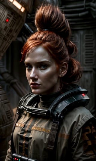 (Best Quality, hyper-realistic), photograph, (rugged ginger female) in her 30s, wearing (scifi star wars outfit), nature, moody, dark, diffused lighting, (explorer hacker), beautiful shadows, detailed, detailed background
