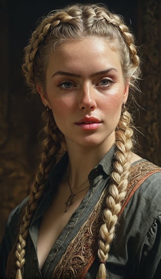 fantasy universe, A warrior woman, Blond hair braided in a braid, in an antique shirt, a stern look, photo, perfect composition, beautiful detailed intricate insanely detailed octane render trending on artstation, 8 k artistic photography, photorealistic concept art, soft natural volumetric cinematic perfect light, chiaroscuro, award - winning photograph, masterpiece, oil on canvas, raphael, caravaggio, greg rutkowski, beeple, beksinski, giger