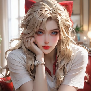 1girl, solo, long hair, looking at viewer, blue eyes, blonde hair, shirt, bow, jewelry, closed mouth, white shirt, upper body, short sleeves, hair bow, indoors, nail polish, blurry, red bow, lips, eyelashes, tattoo, makeup, blurry background, ring, red nails, watch, head rest, wristwatch, hands on own face, reference inset, photo inset